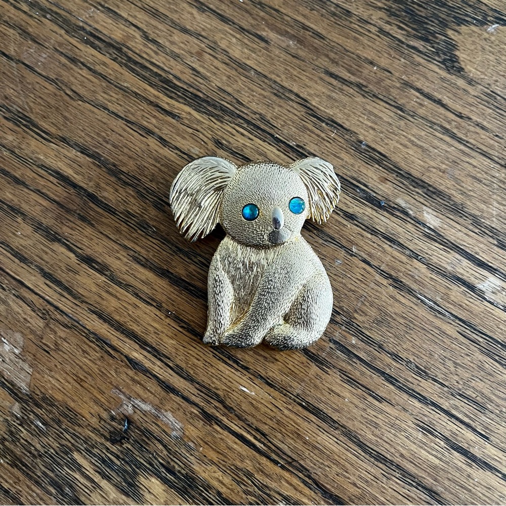 Vintage Gold Tone Koala Brooch with Blue Accents